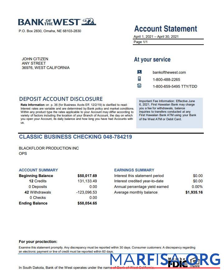 Downloadable USA Bank of the West bank statement excel template